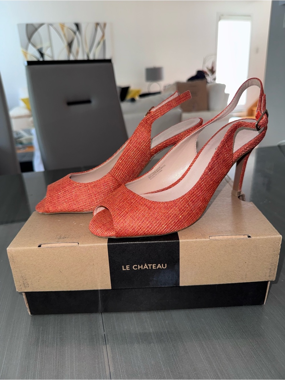 le chateau Coral Orange Textured Slingback Peep-Toe Heels